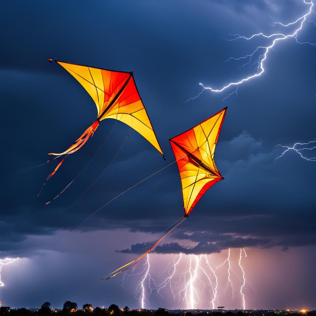 Colorful Kites in thunder sky. flash of lightning (1.9) hits an orange