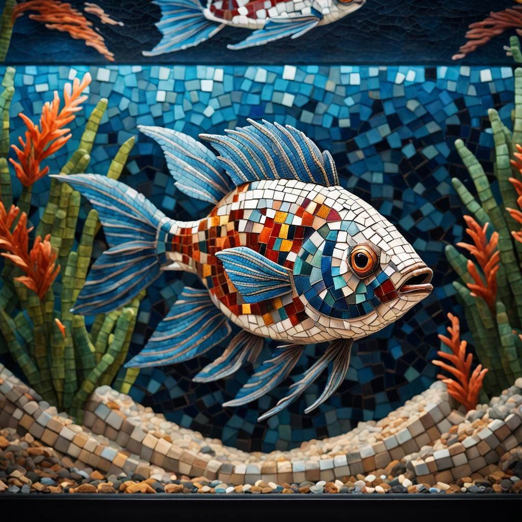 Mosaic fish swimming  in fish tank with mosaic plants, mosaic gravel  by @Crazy fish