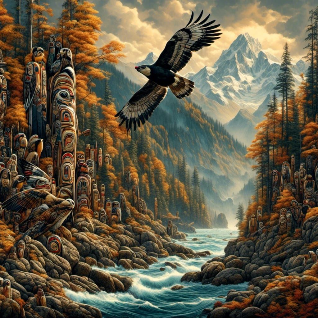 landscape art <<lora:Northwest Coast:1.3>> on its insides , 64MP Professional DSLR, fantastic dynamic lighting, form-line design, Ovoid, U-f...