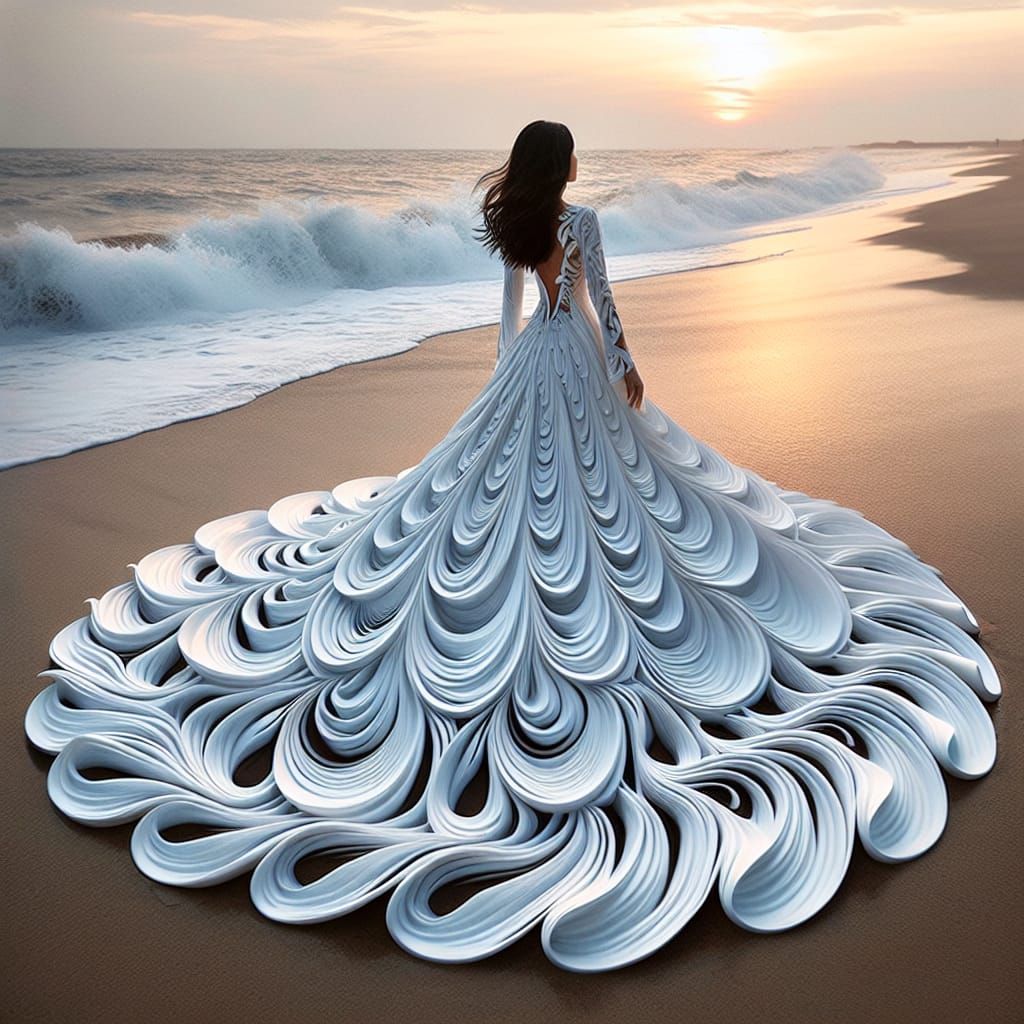 A woman walking on the beach in a long dress in the shape of waves of white waves, resembling sea waves ...  by @Artysta