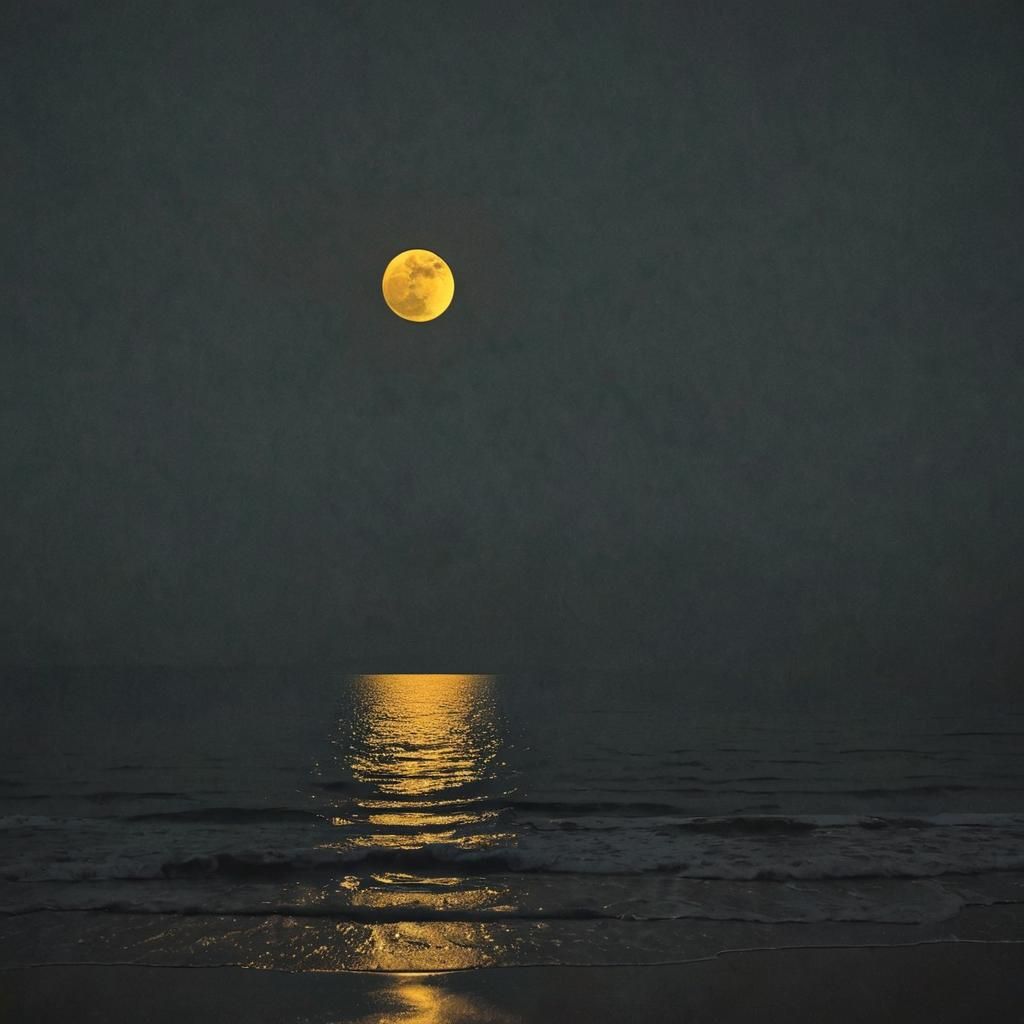 Sad image, quite dark, calm beach, night time, big yellow mo...