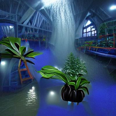 quiet dark indoor Waterpark with plants realistic