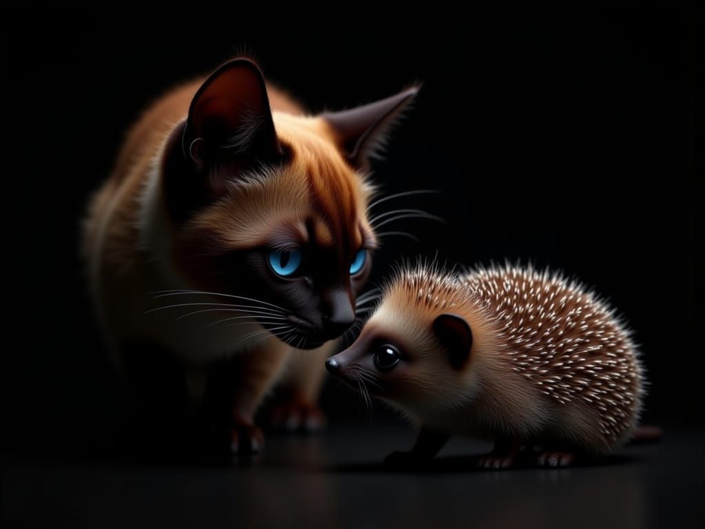 <lora:Light-shadow-texture:1.0>Siamese Cat sniffing a Hedgehog black background