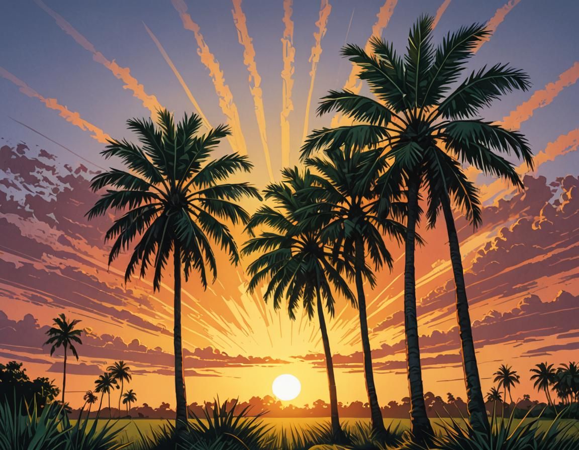 colored drawing of three buriti palm trees with the sun behind.