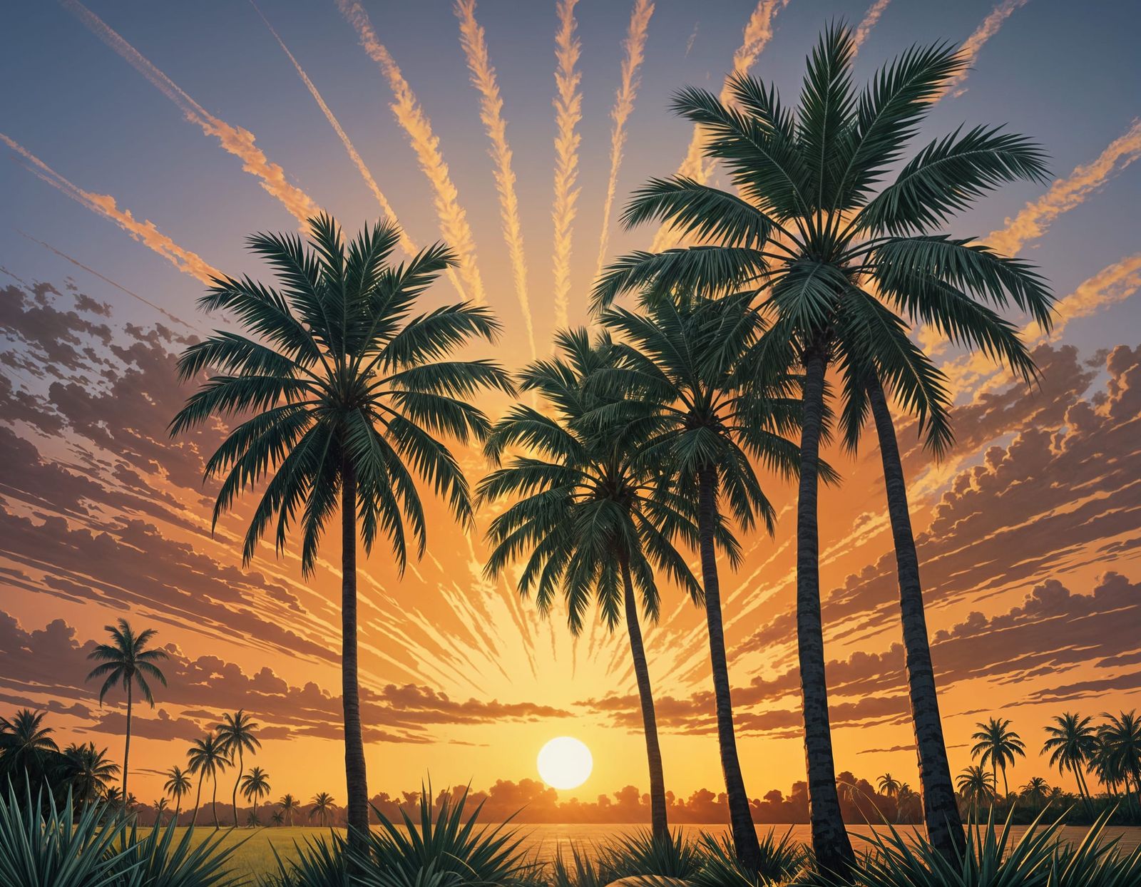 colored drawing of three buriti palm trees with the sun behind.  by @Quebra