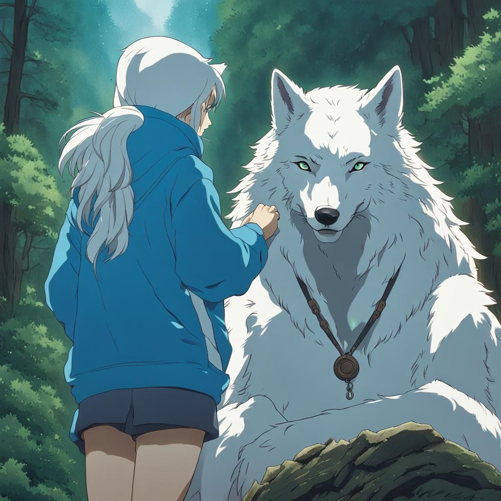 A white wolf and human hybrid wearing a blue hoodie Studio G...