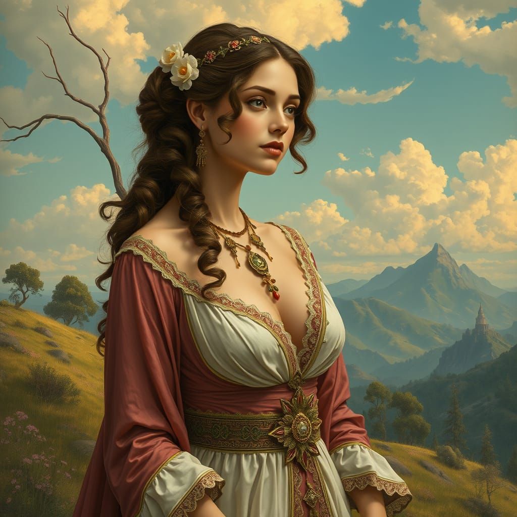 Elegant Woman in Landscape: Alphonse Mucha Style