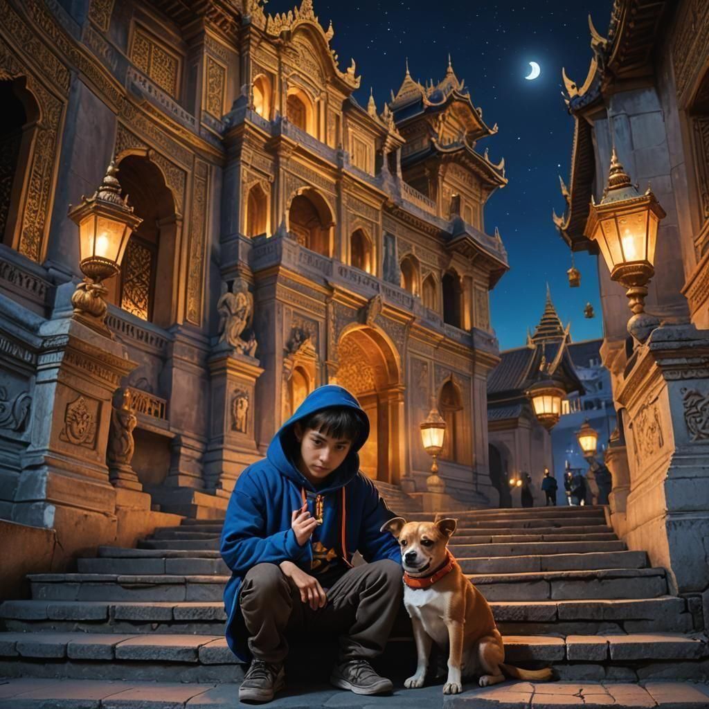 Boy Hugging Puppy with Palace Backdrop