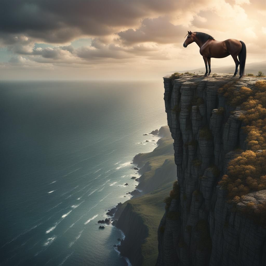 Horse on a cliff overlooking the ocean