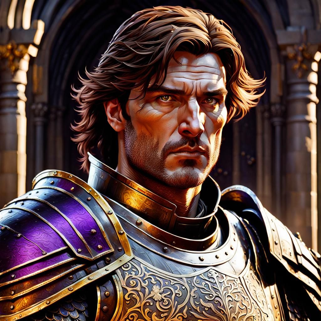Insanely detailed color portrait of brown haired man in armo...