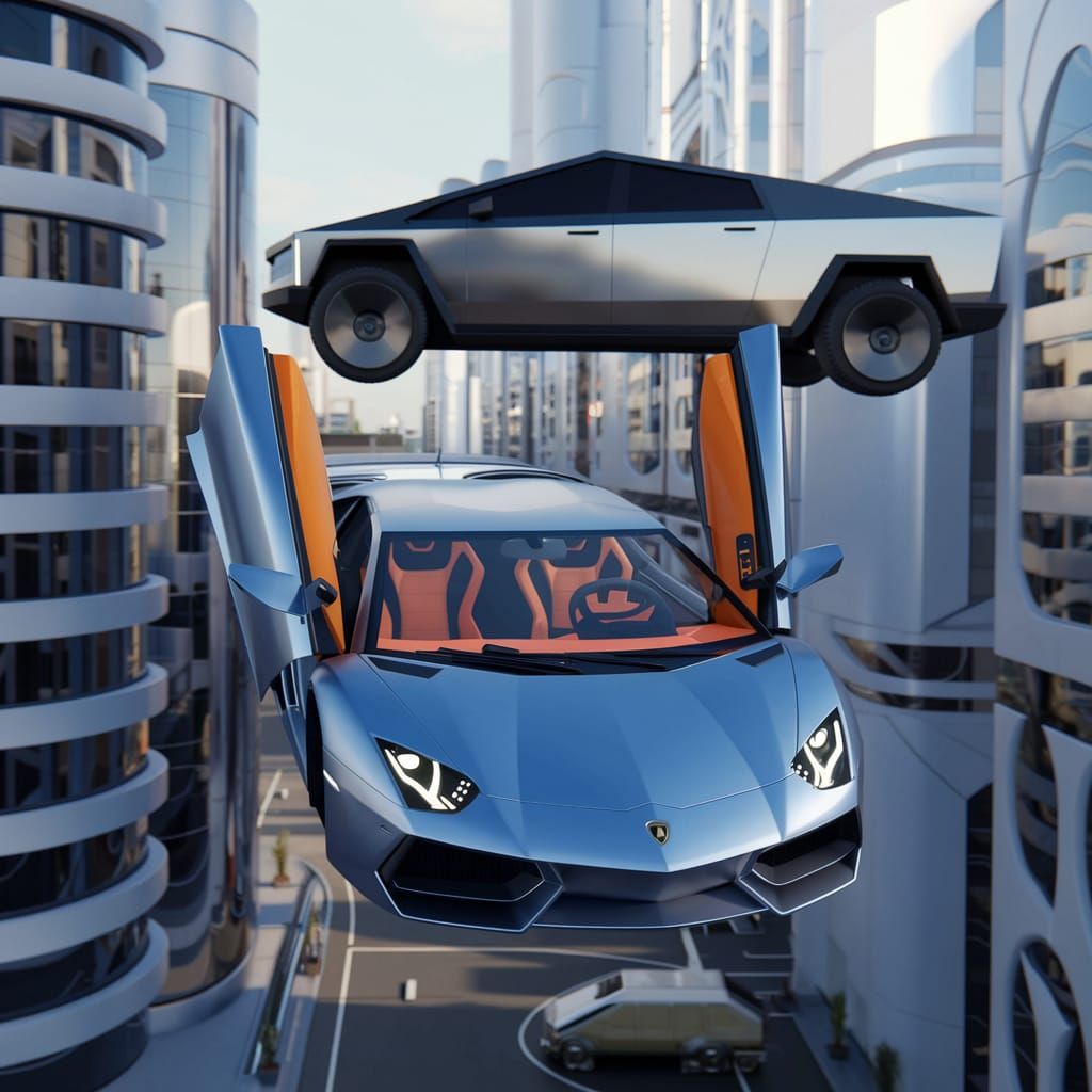 Flying Lamborghini Chased by Cybertruck in Futuristic Citysc...
