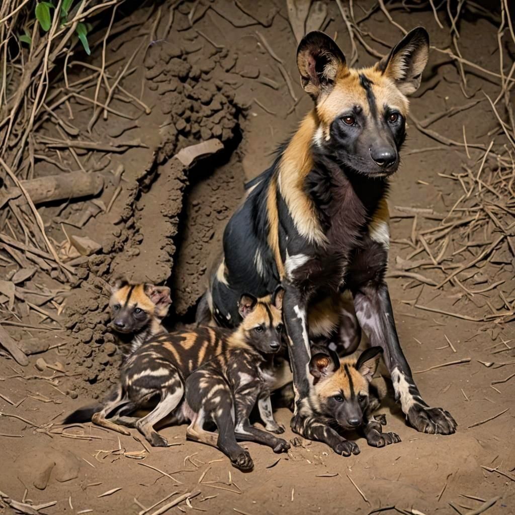 African painted dog with her pups in their den