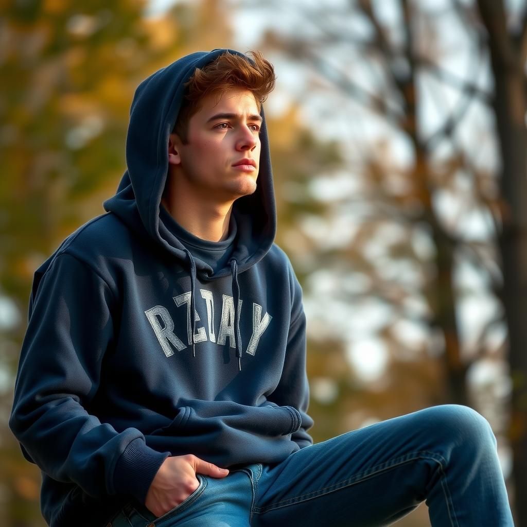 Percy jackson wearing a navy hoodie and jeans
