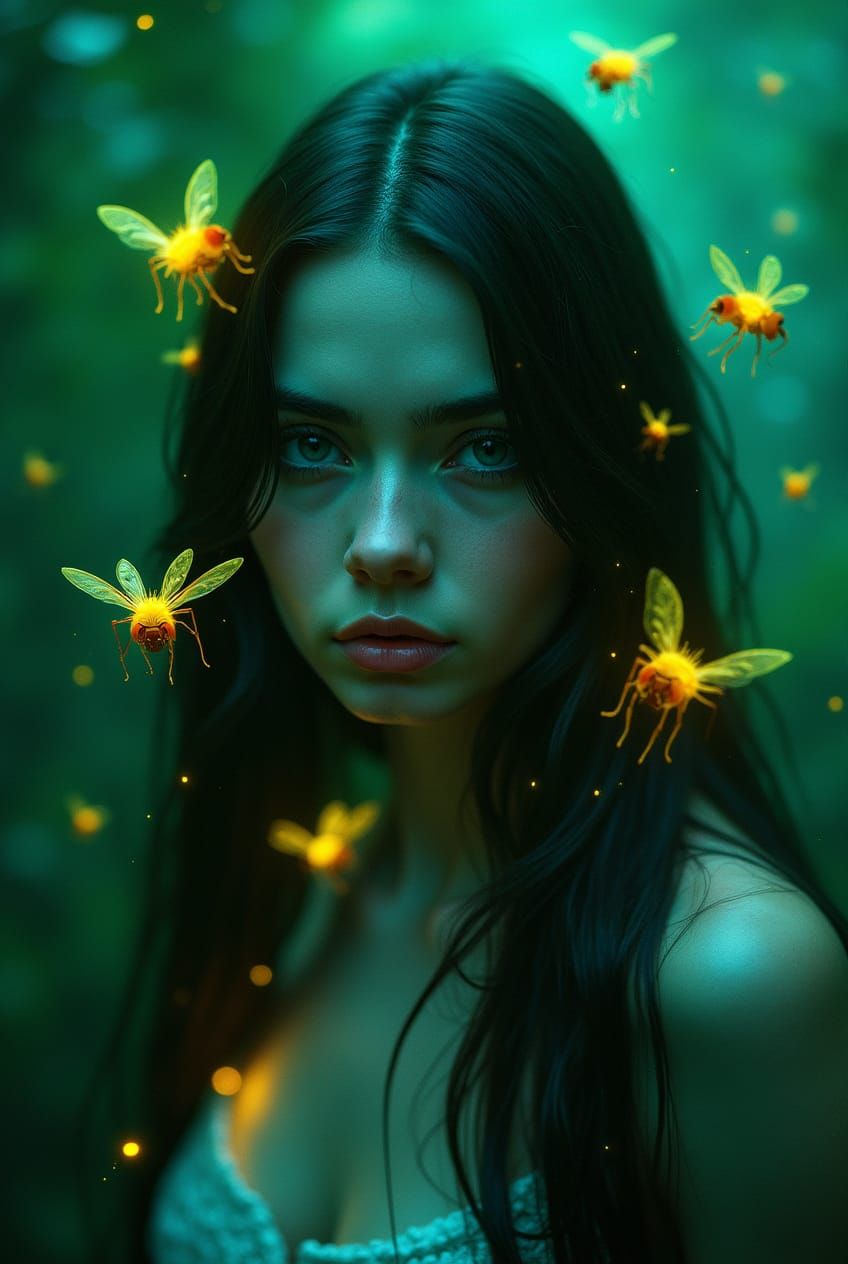 A dark-haired woman surrounded by glowing fireflies