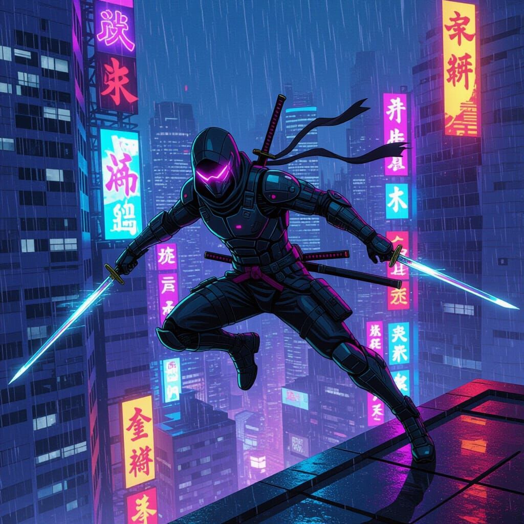 A hyper-detailed splash art illustration of a cyberpunk ninja leaping between neon-drenched skyscrapers. Rain slicks the rooftops, reflectin...