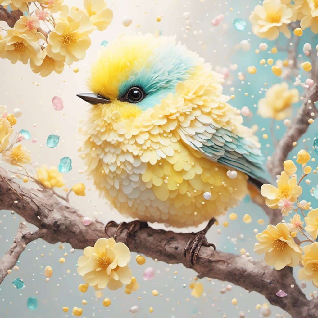 An adorable hyperrealistic yellow pastel bird on a tree branch <lora:Pastels:1.0>