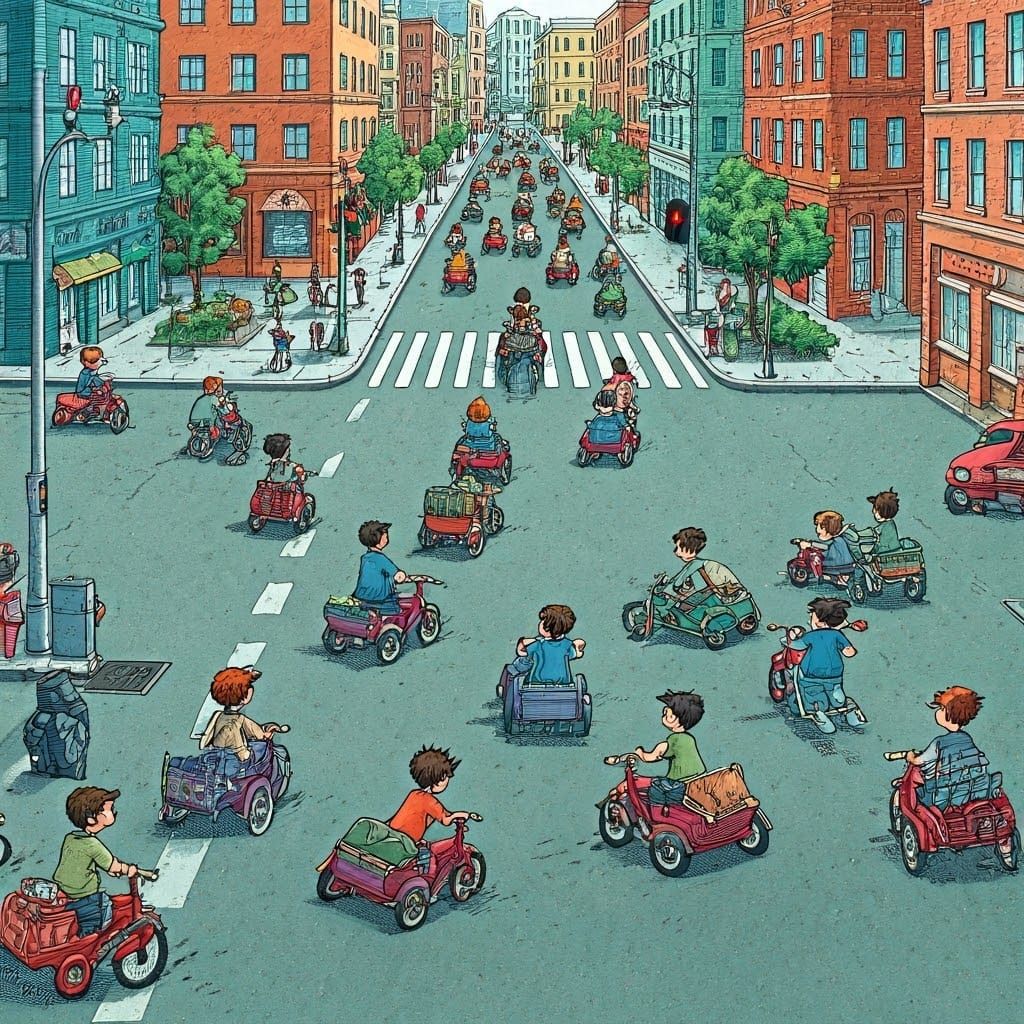 Vibrant City Streets Come Alive with Joyful Boys on Tricycle...