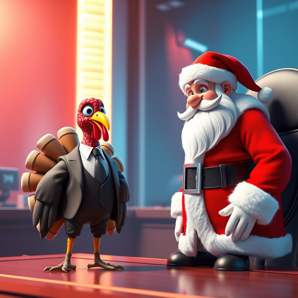 A cartoon turkey in court suing Santa Clause