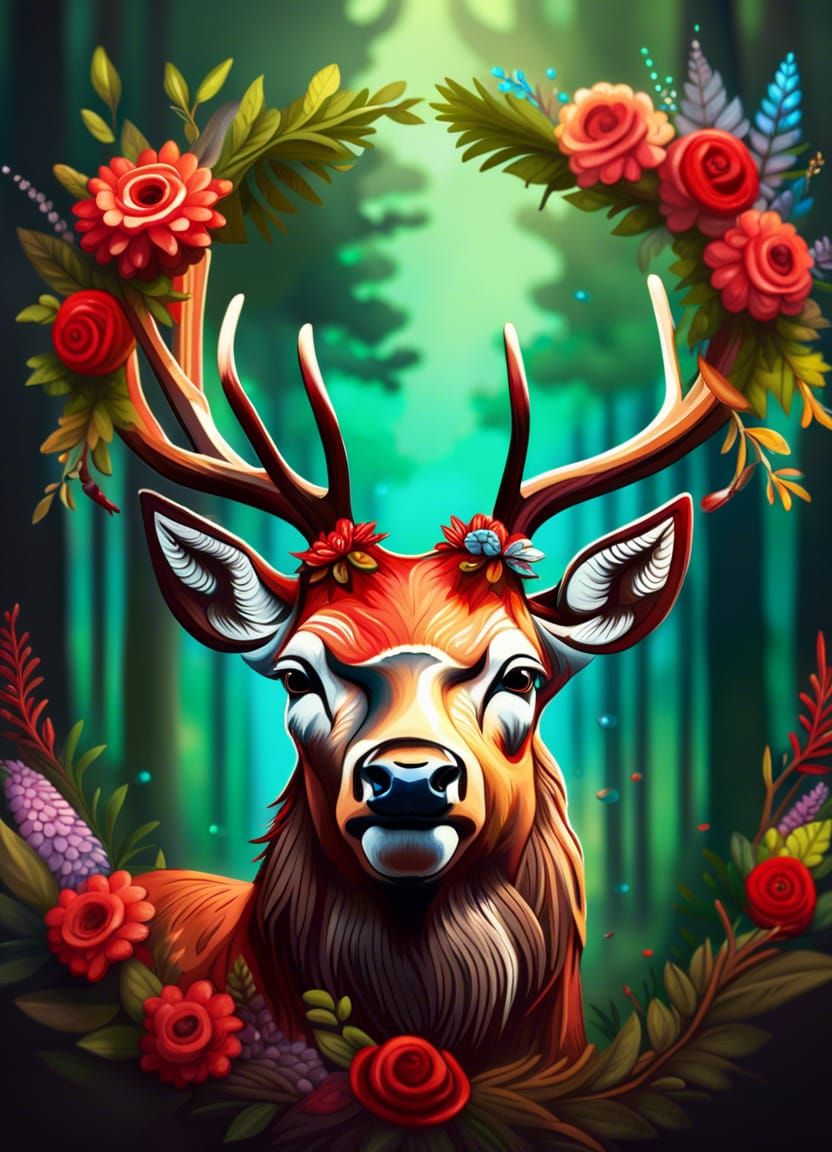 Red deer with a wreath of flowers on his head. AI Generated Artwork