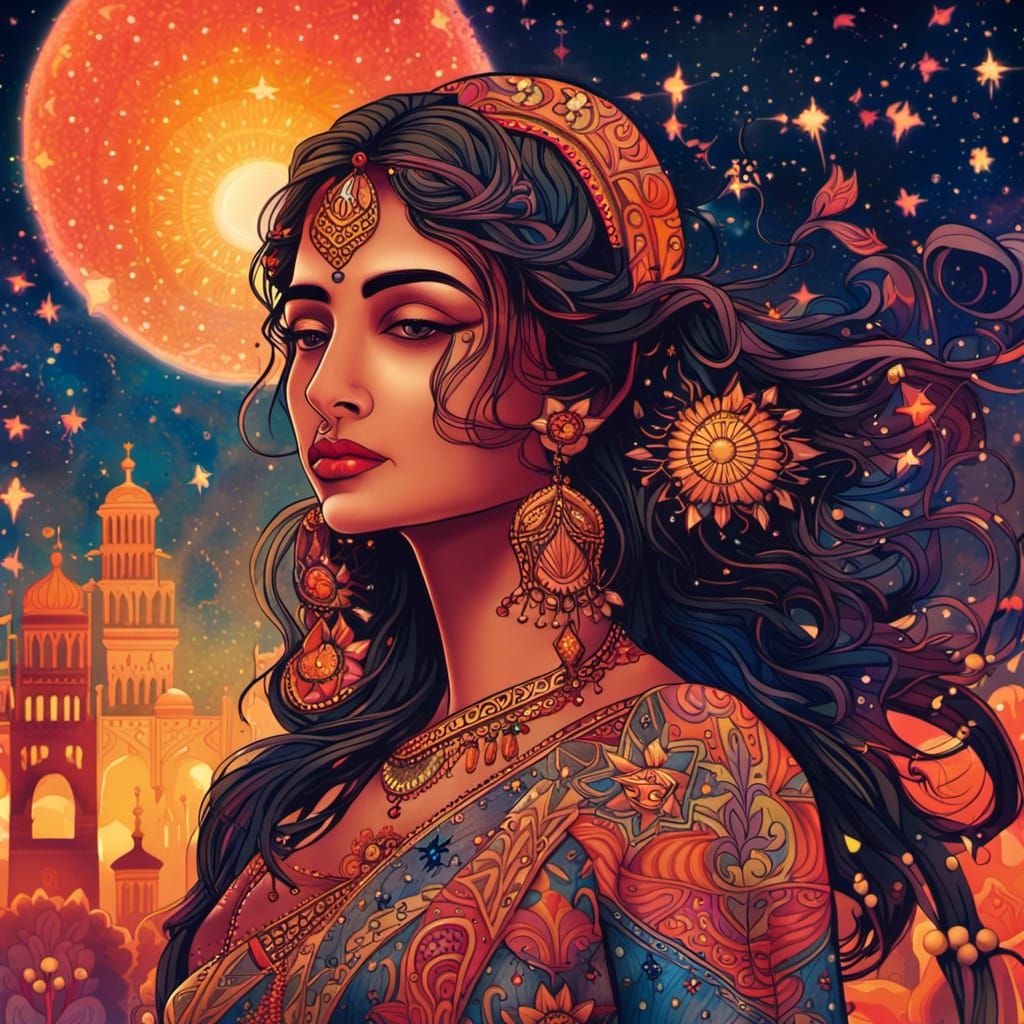 Indian woman, Indian dress, art nouveau patterns, intricately detailed, vibrant colors, sunset colors, ...  by @Madram