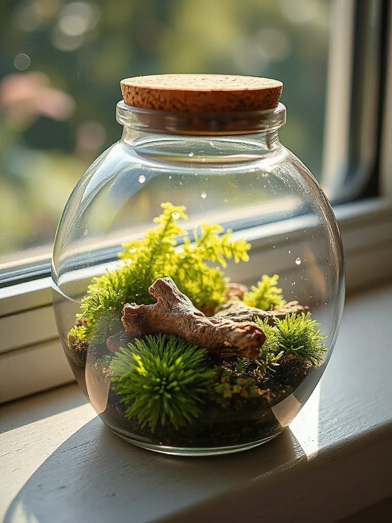 Close up. Tiltshift. A perfect glass terrarium with a cork lid, containing a tiny delicate bit of driftwood, and various small lush green mo...