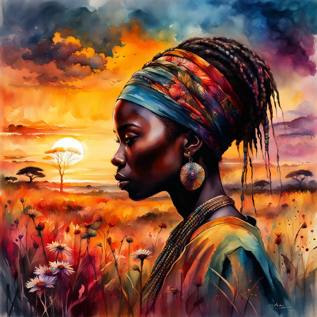 African sunset, epic Stylized watercolor Illustration, by Wa...