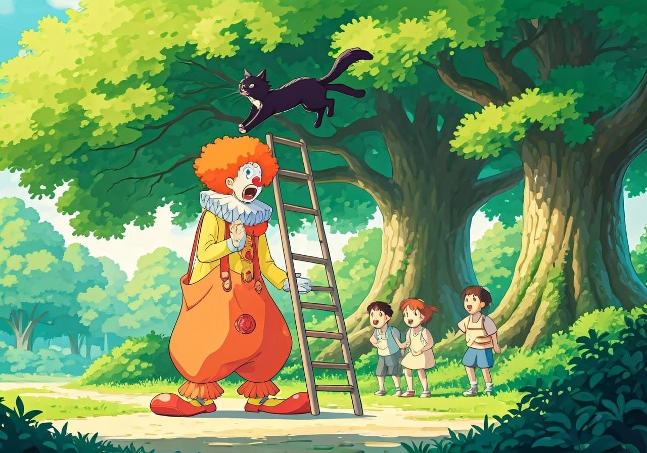 a cartoon clown standing underneath a ladder in front of chi...