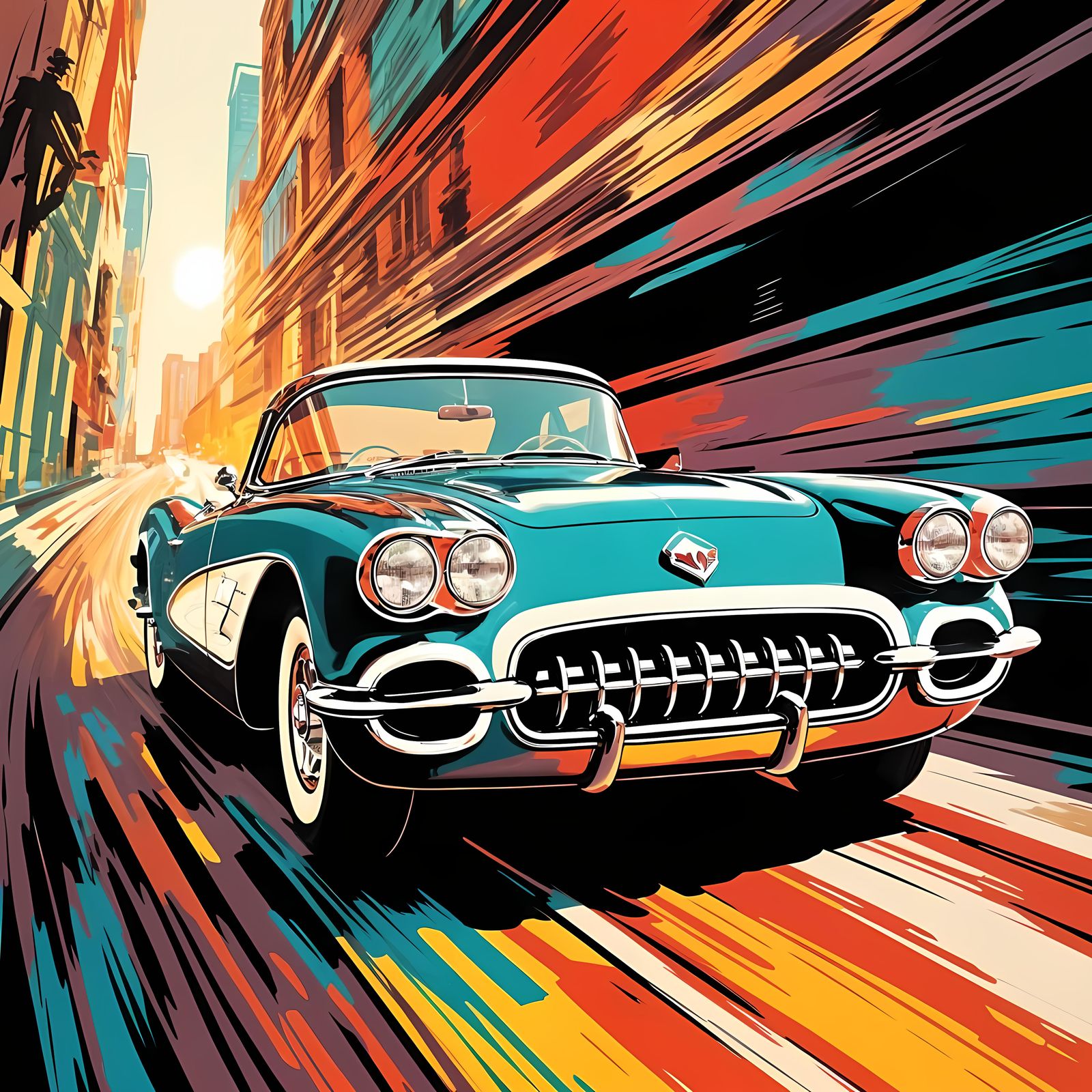 A close-up Chevrolet Corvette 1958,  driving towards the camera out of the tunnel.Dynamic low-angle shot. ...  by @Henk Ravenhorst