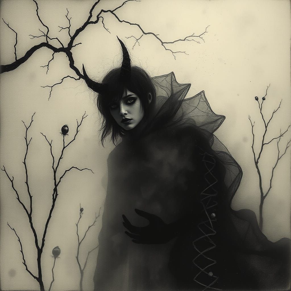  black and orange , mystical and poetic dreamlike Paul Klee, surreal and celestial,  Christmas tree decorated for Halloween,  etching & deli... - Start Image 1