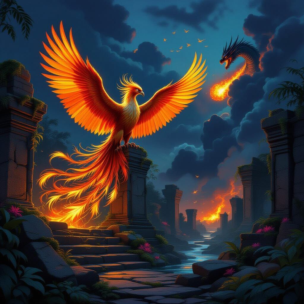 A majestic phoenix erupts from a bed of ancient, moss-covered ruins, its feathers a kaleidoscope of fiery ...  by @undefined