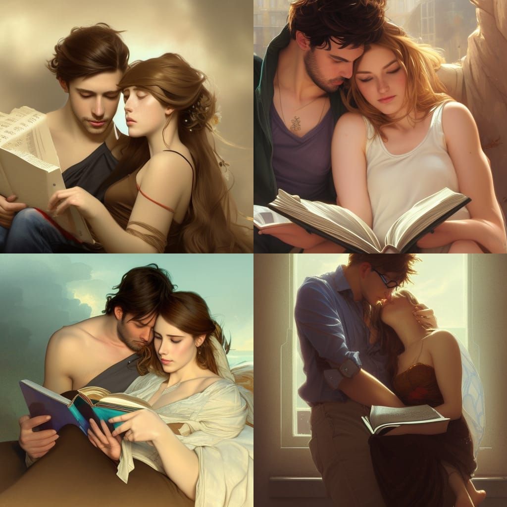 brunette man cuddling a blonde girl while reading