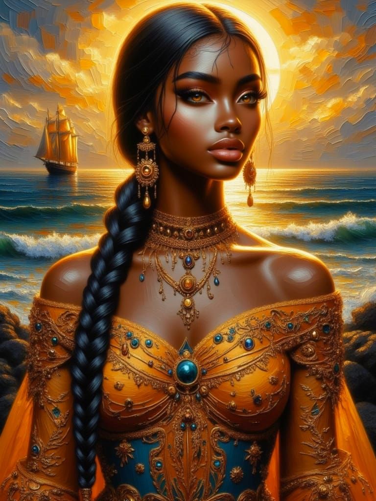 <lora:Braided Echoes:1.0> A regal witchy goddess with long braided hair glowing in moonlight, standing at the edge of a stormy sea. Golden s...