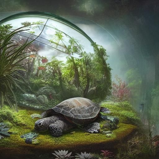 a terrarium inside a glass filled with plants with a turtle ...