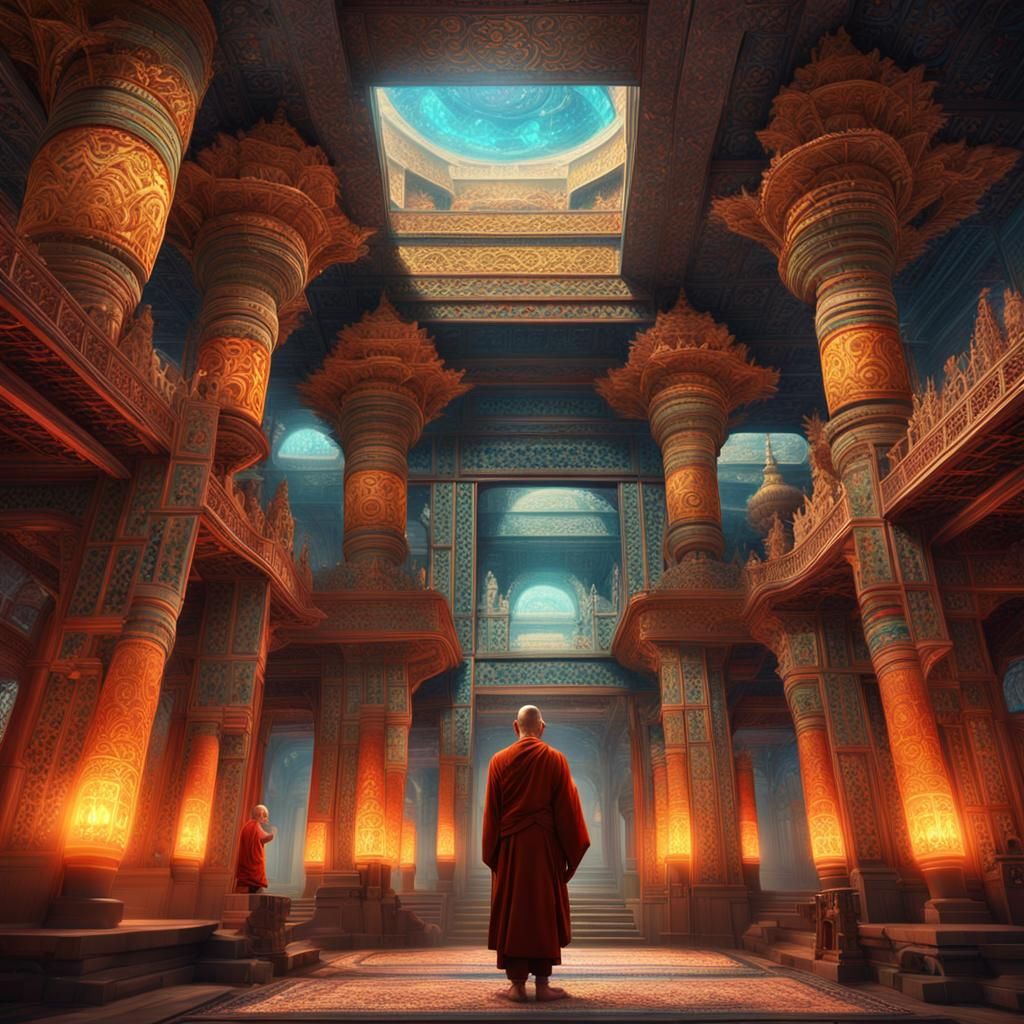 Epic Buddhist Temple Masterpiece in Vibrant Colors and Drama...