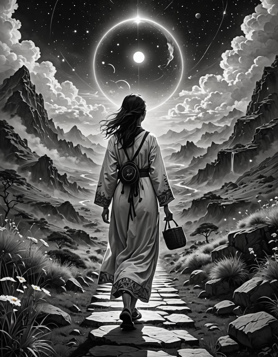 black and white. woman walking the spiritual path, ascension to other realms