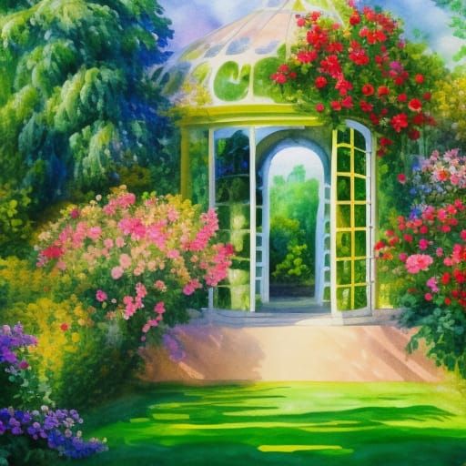 orangerie in romantic garden, watercolor