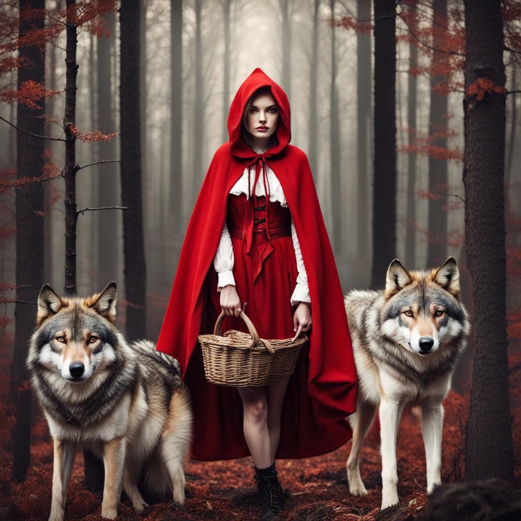 adult little red riding hood wearing wolf skins in the woods - AI ...