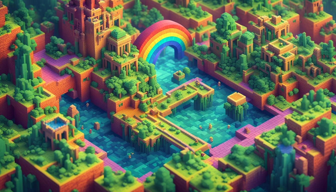 RAINBOW COLORED "3D isometric VOXEL RENDER " DIORAMA OF THE lost city