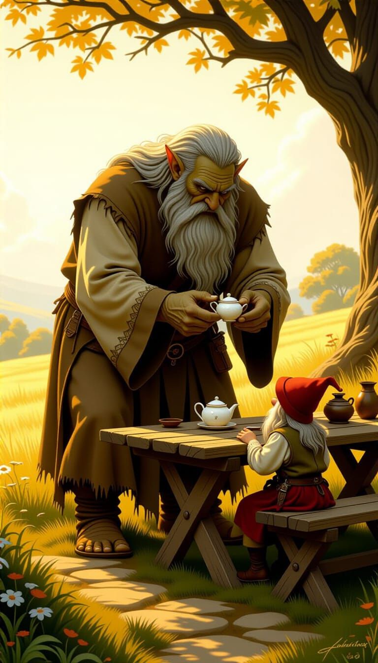 Giant of Middle-earth and Hobbit
A towering Middle-earth giant bending down to share tea with a small hobbit at a rustic wooden table in a m...