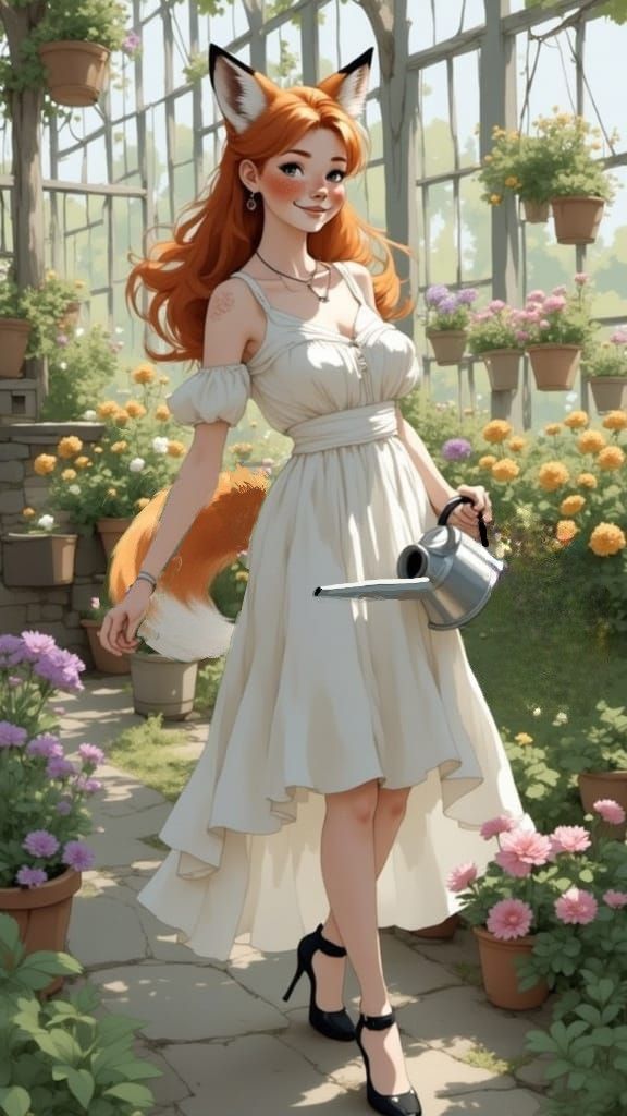Fox-girl Vixen uses a watering can.