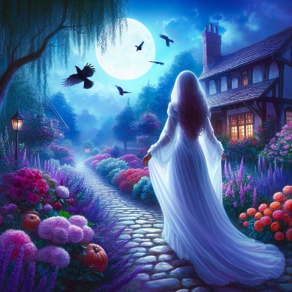Ghost Woman Walking the English Garden at Night Searching For Her Lost Love