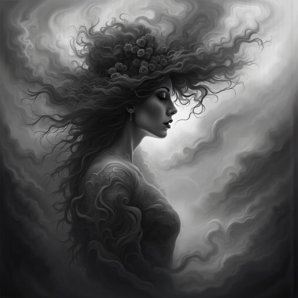 black and white smoky formation of a female form, faerie magic, whisky smoky ghost of past image, ethereal smoke formation , black and white...