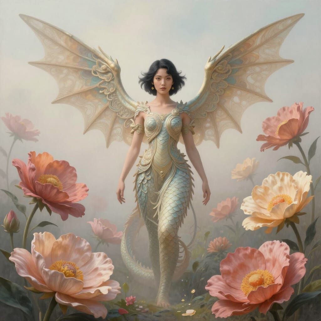 Surreal Thai Woman With Dragon Features Amidst Giant Flowers