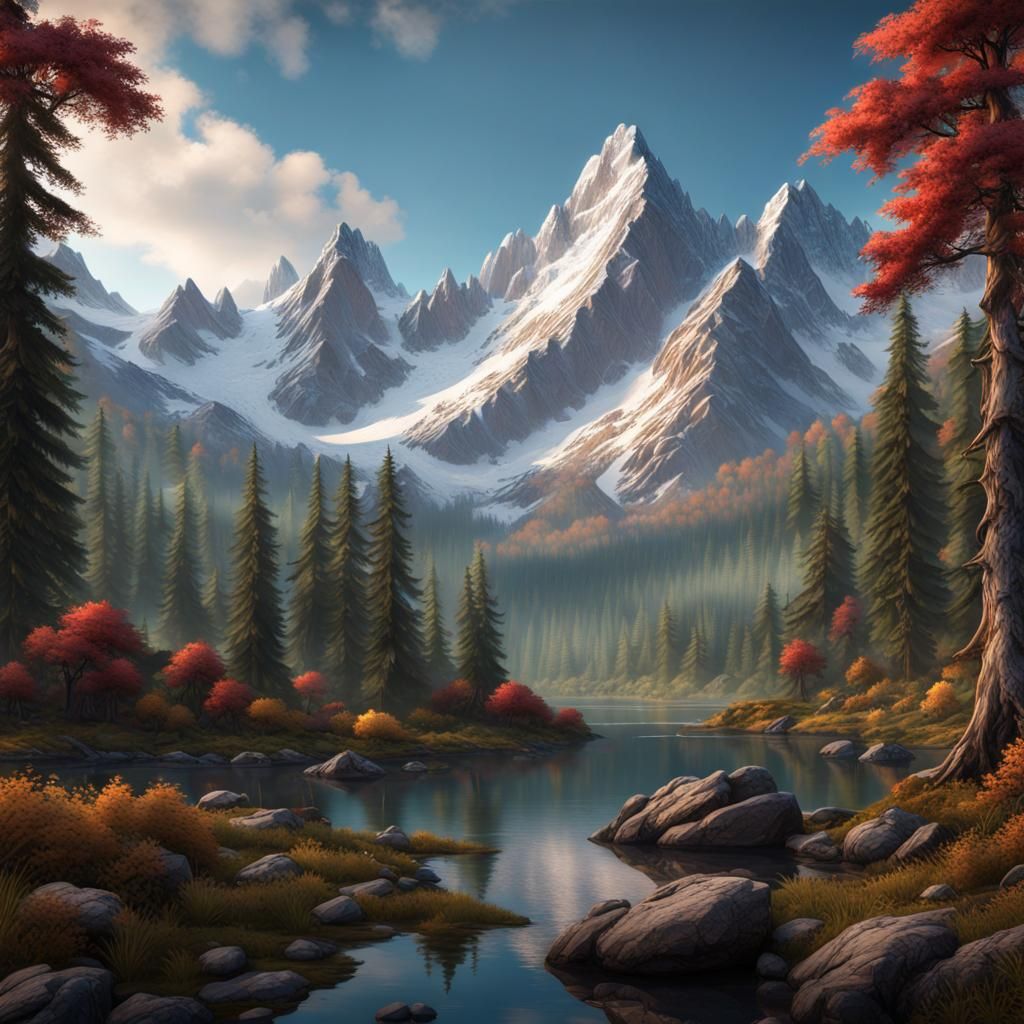 Mystical Mountain Landscape - inspired by art of Bob Ross