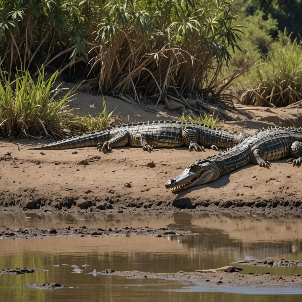 A panoramic scene of a Nile crocodile basking on a riverbank...