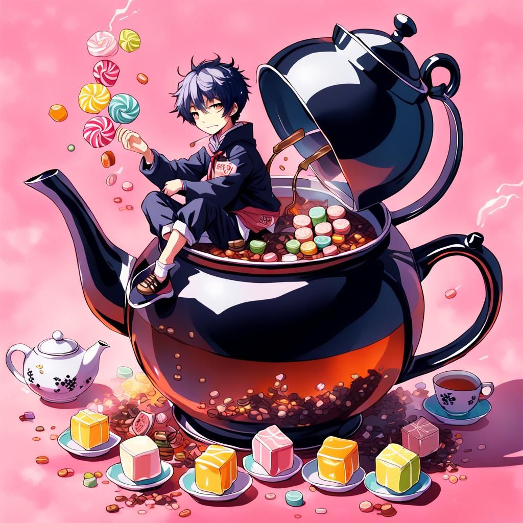 Beautiful boy sitting in big teapot full of tea, tea is spil...