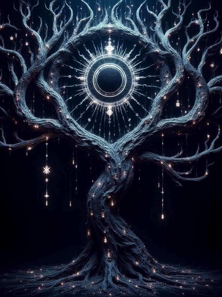 Glowing runes dark on yggdrasil tree, giant eye of sauron, surrealism, detailed <lora:Glowing runes flux:1.0> 