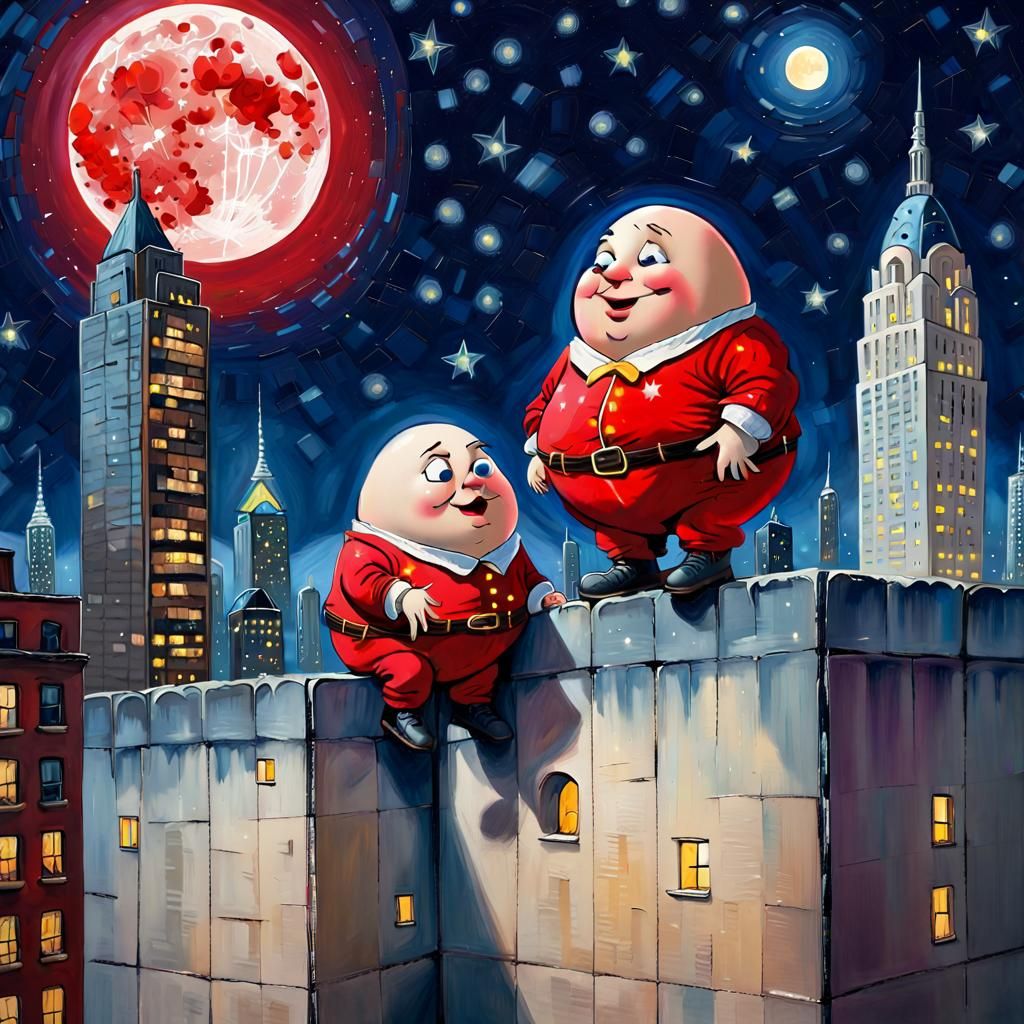 Humpty Dumpty Sat On A Wall Of Big Skyscrapper Wearing Red T Shirt In