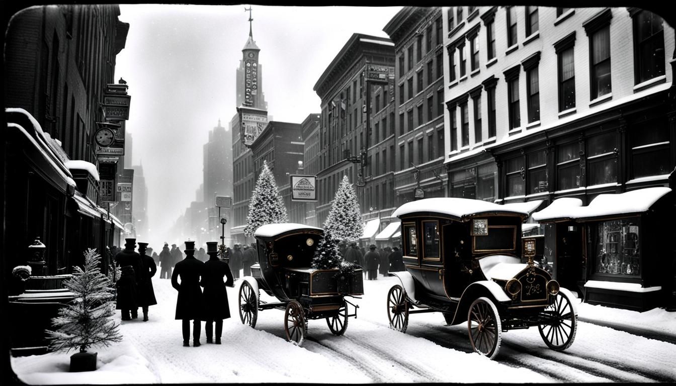 tintype photo; Christmas steampunk streetscape; "New York Ci...