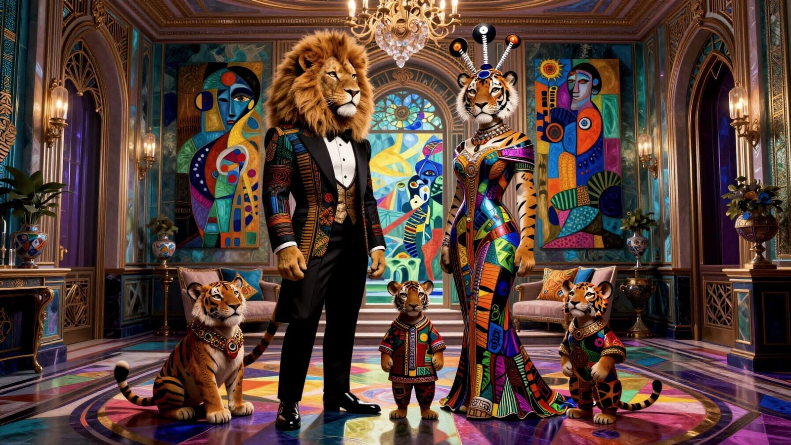 Lion Family in Art Deco Mansion, Impasto Painting Style